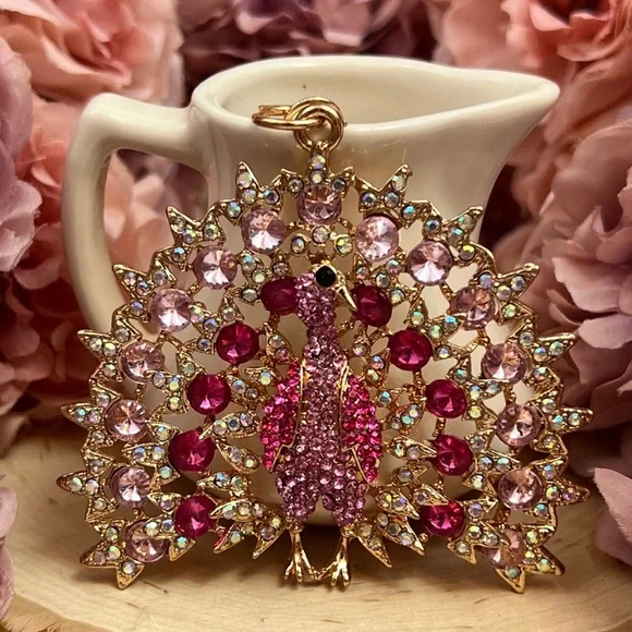Beautiful Pink Crystal Peacock Keychain Charm - Picture 2 of 14
